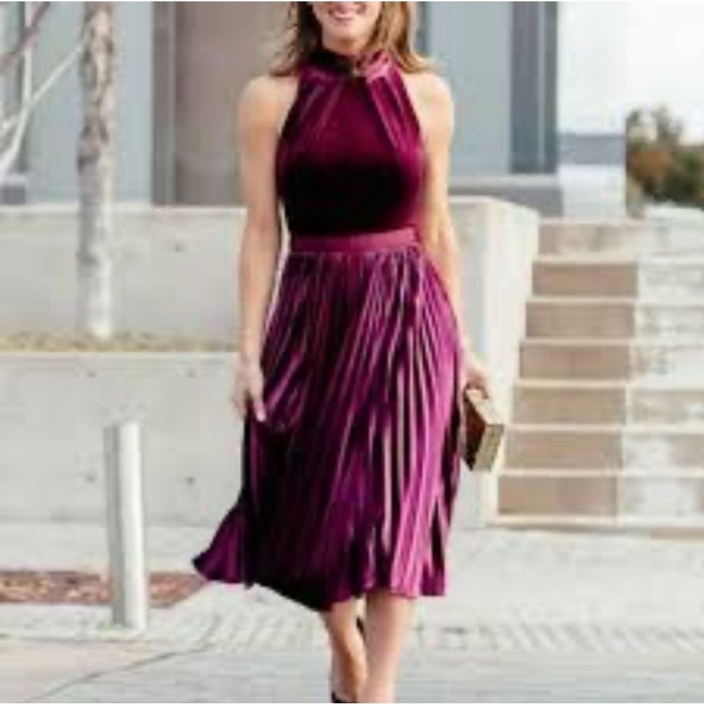 Ted Baker Cornela Pleated Velvet Midi Dress Oxblood Size 3 - Medium / 8 - 10